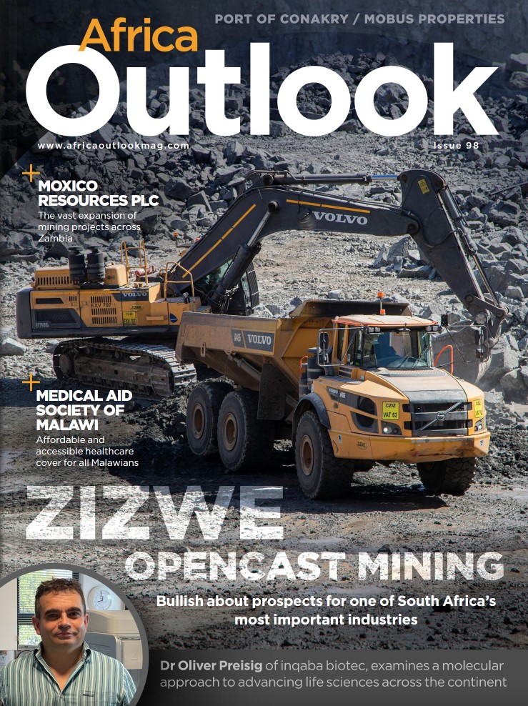 Africa Outlook issue 98 magazine cover with picture of mining truck and crane